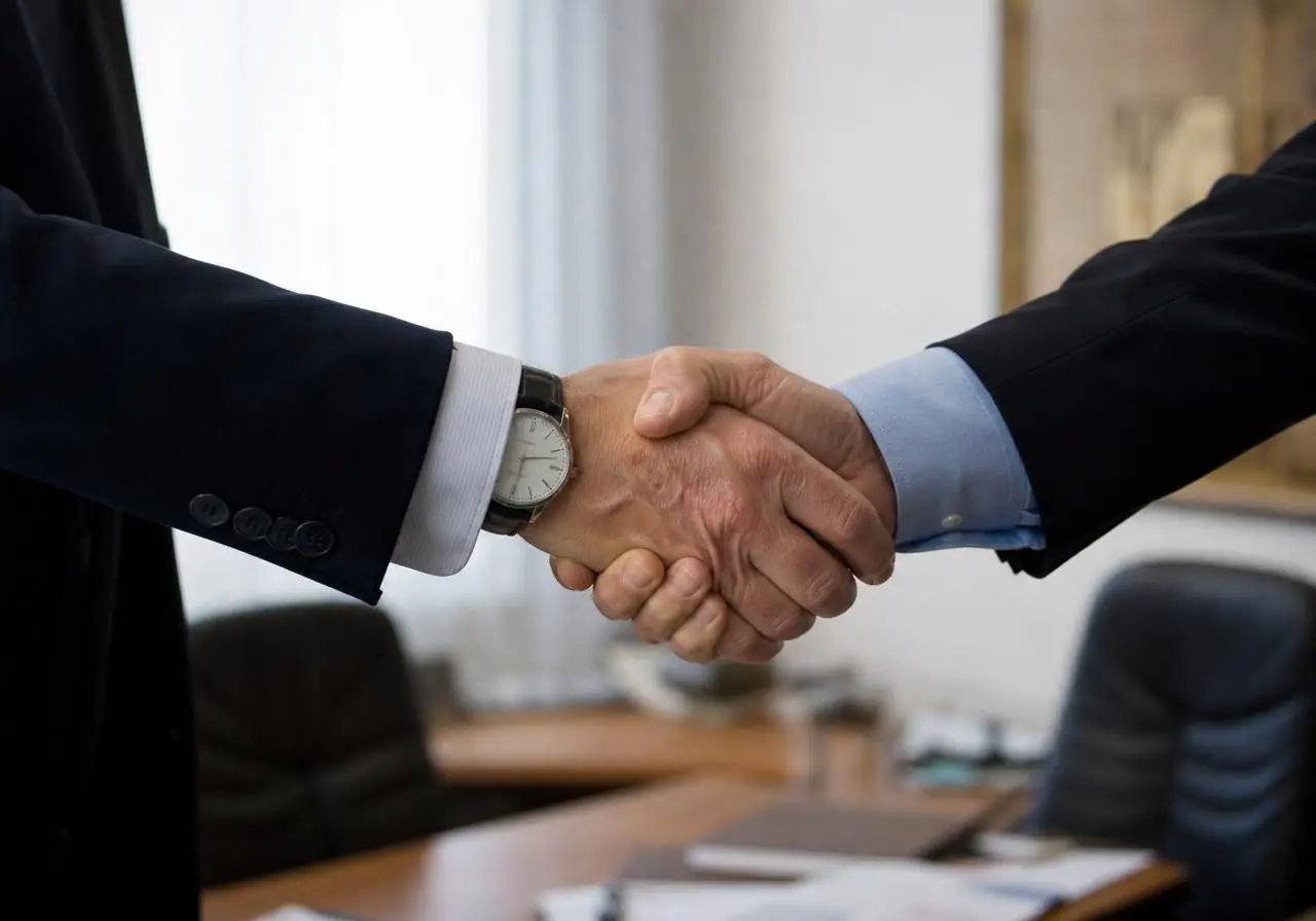 Two professionals shaking hands after a successful business meeting
