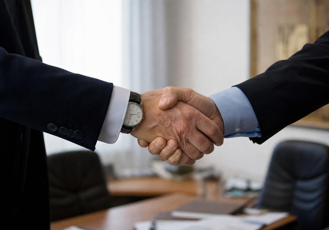 Two professionals shaking hands after a successful business meeting