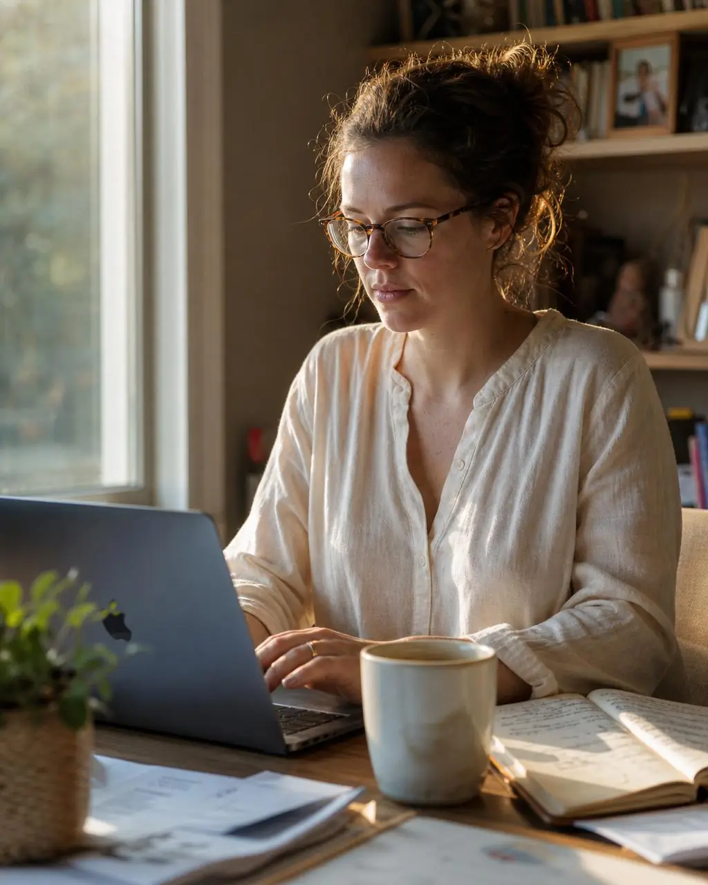 US-based virtual assistant working from a sunlit home office desk with a laptop and coffee mug
